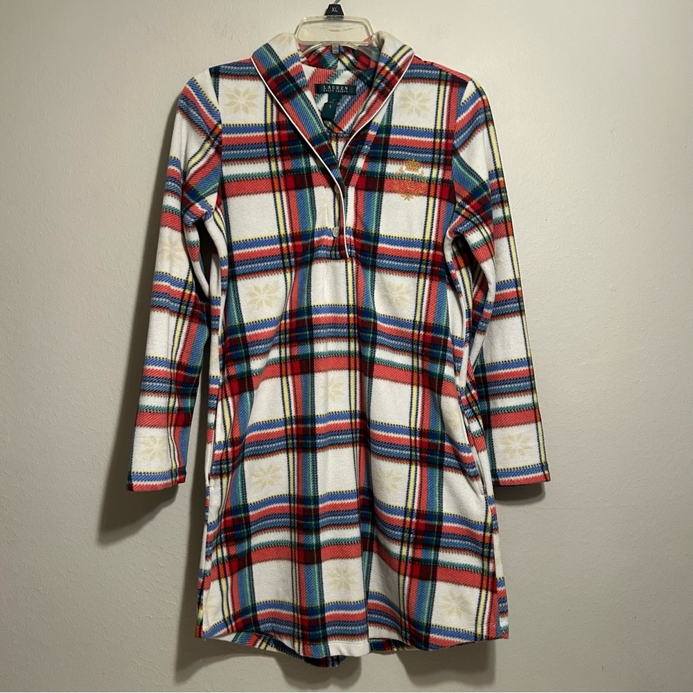 LAUREN Ralph Lauren Plaid white and red fleece pajama dress w/ pockets Size S